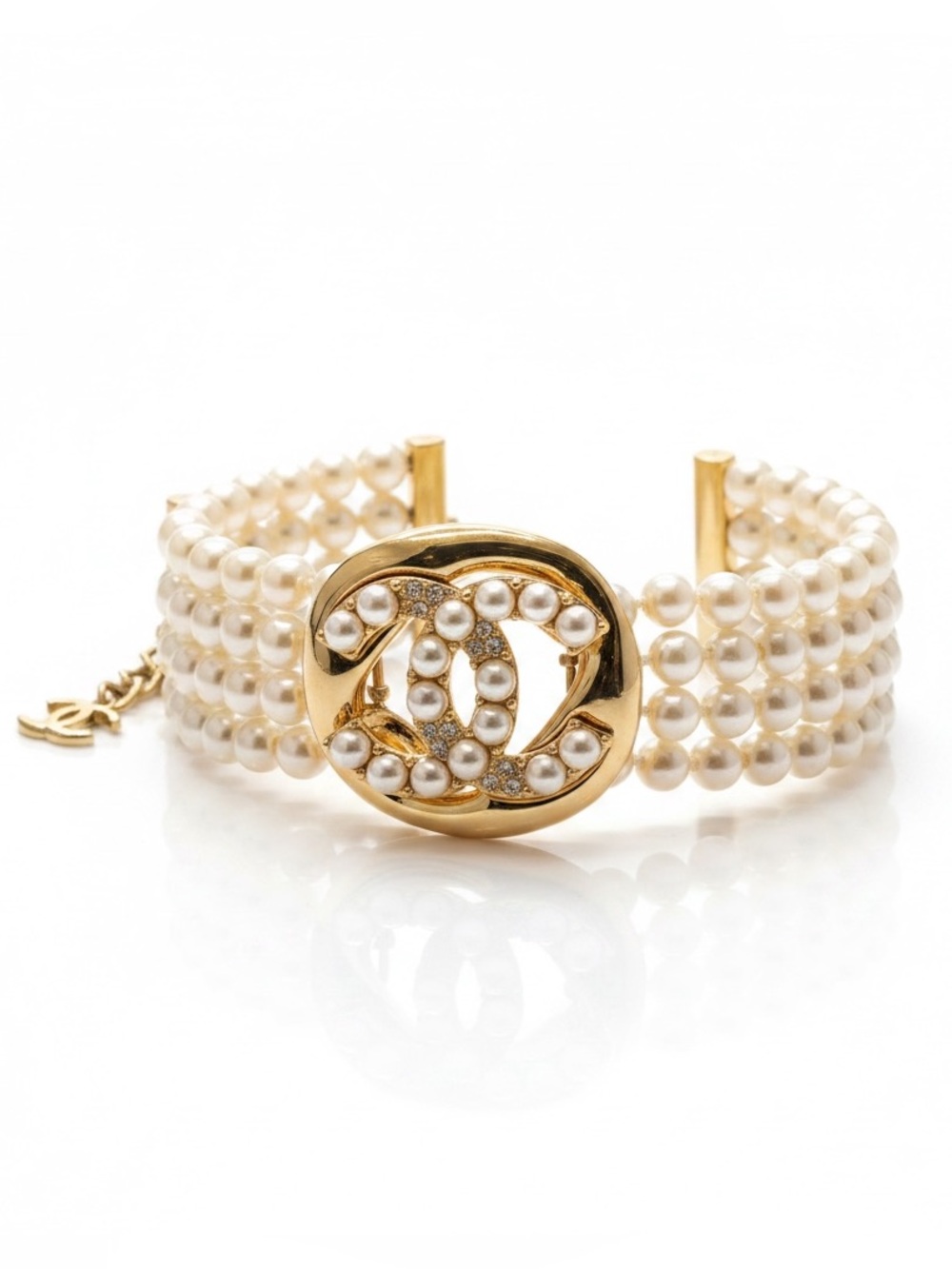 CHANEL Gold Tone and Ivory Pearl Multi-Row CC Bracelet